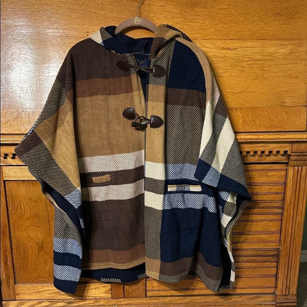 Rachel Roy Boho Chic Granola Hooded Plaid Poncho Toggle Wrap One Size NEW